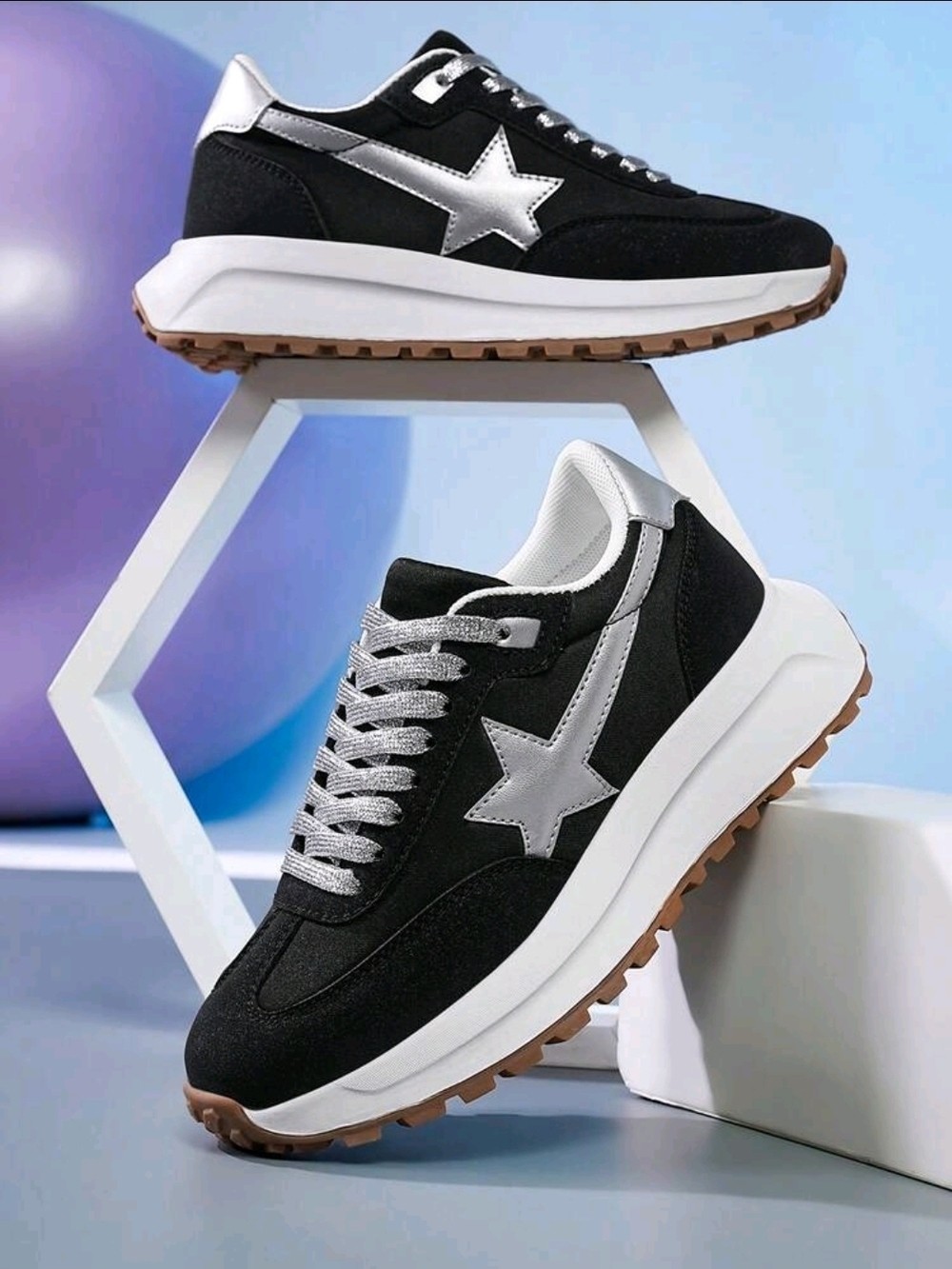 Classic Star-Accent Black & Silver Women's Sneakers